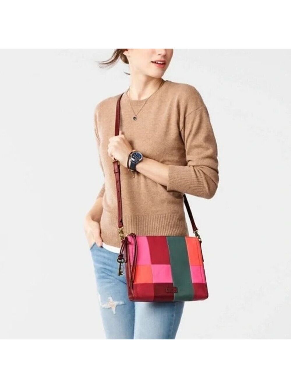 Fossil Emma Crossbody Bag Burgundy/Multi Colored Squares Women's Purse